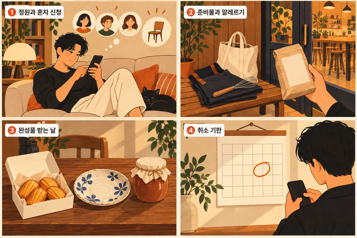 원데이 클래스 신청 전에 확인할 것을 네 칸에 그린 일러스트입니다. 소파에서 휴대폰으로 수업 인원을 살피고, 공방 앞 벤치에 놓인 앞치마와 거품기 옆에서 재료 봉투 뒷면을 읽고, 식탁에 마들렌 상자와 손그림 접시, 천으로 덮은 술 단지를 나란히 놓고, 벽 달력에 동그라미 친 날을 보며 휴대폰으로 취소 기한을 확인하는 장면입니다.