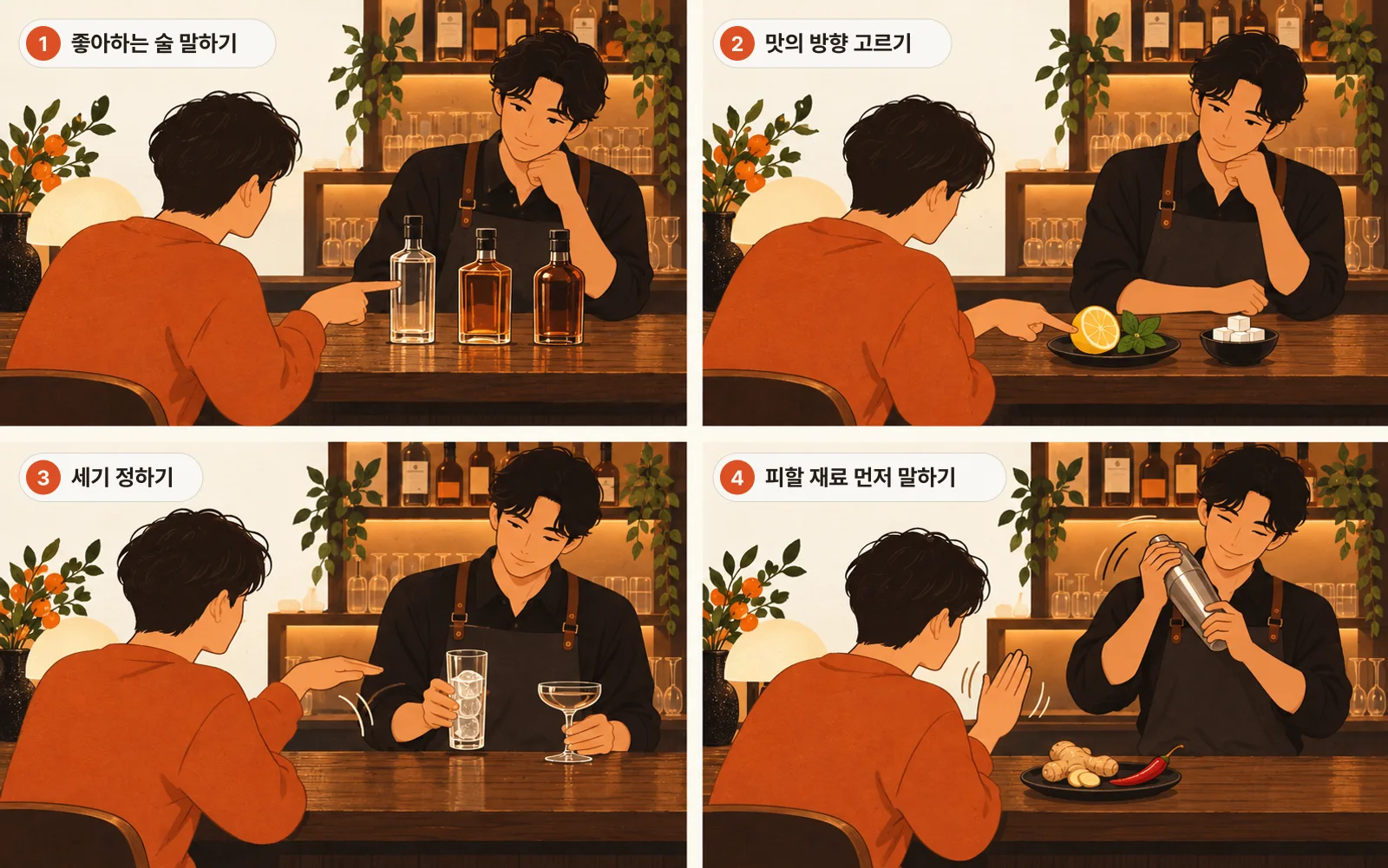 네 칸 그림입니다. 바 자리의 손님이 투명한 술병과 호박색 술병 가운데 하나를 가리키고, 레몬과 각설탕 가운데 레몬 쪽을 고르고, 손을 내려 조금 가볍게 해 달라는 몸짓을 하고, 생강과 고추가 담긴 접시에 손을 저어 빼 달라고 말하자 바텐더가 셰이커를 흔드는 장면이 차례로 그려져 있습니다.