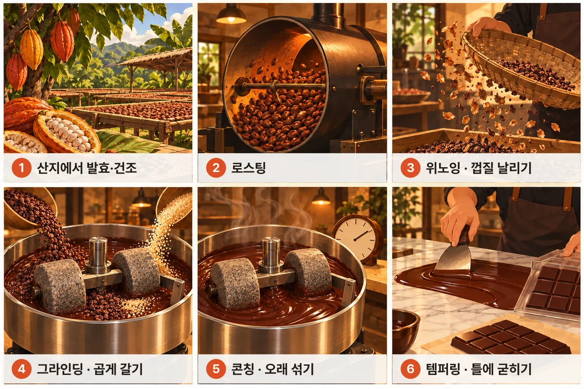 빈투바 초콜릿이 만들어지는 여섯 단계를 한 장에 모은 그림입니다. 1 산지에서 발효·건조, 2 로스팅, 3 위노잉으로 껍질 날리기, 4 멜란저에 닙스와 설탕을 넣고 곱게 갈기, 5 콘칭으로 오래 섞기, 6 대리석 위에서 템퍼링한 뒤 틀에 굳혀 바로 만들기.